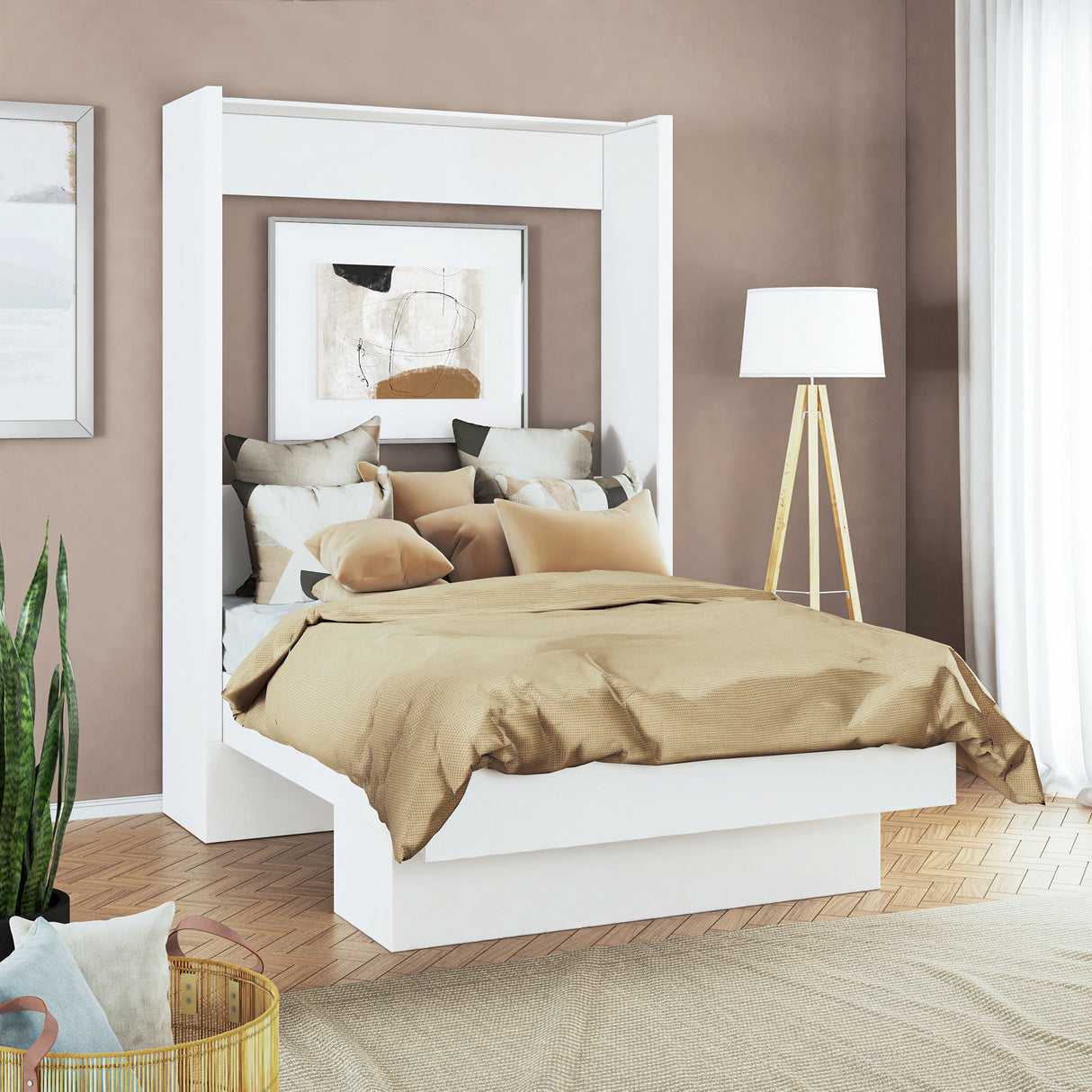 Easy-Lift Full Murphy Wall Bed in White with Shelf - Sharicks