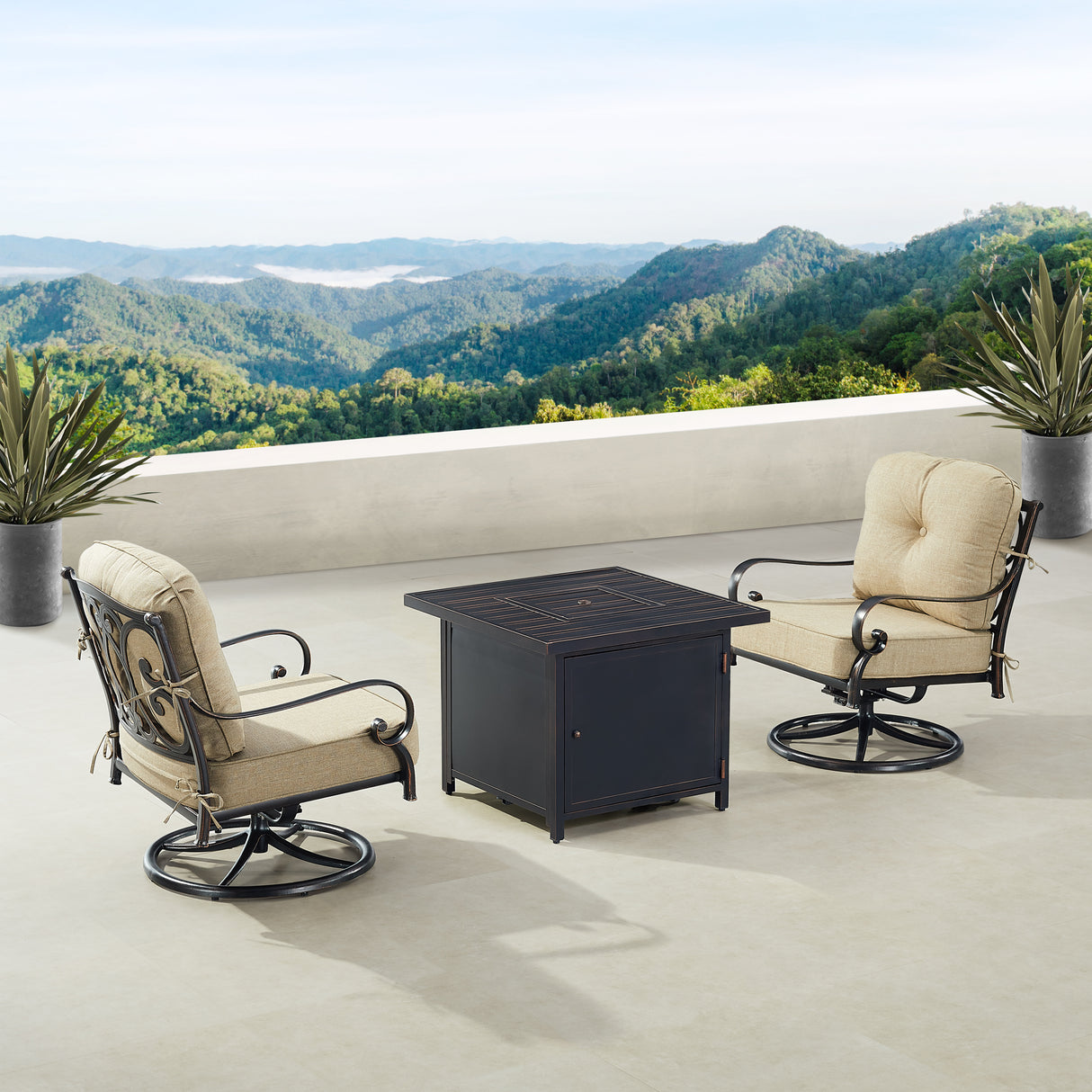 Black Aluminum Fire Table Bistro Set with Two Club Chairs - Sharicks