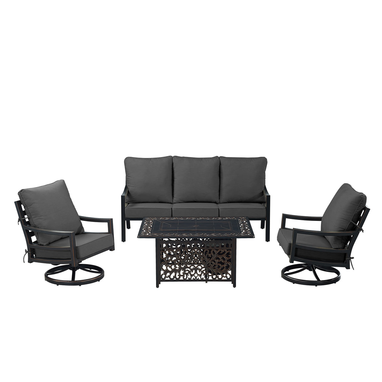 Black Aluminum Fire Table Set with Sofa and Two Club Chairs - Sharicks