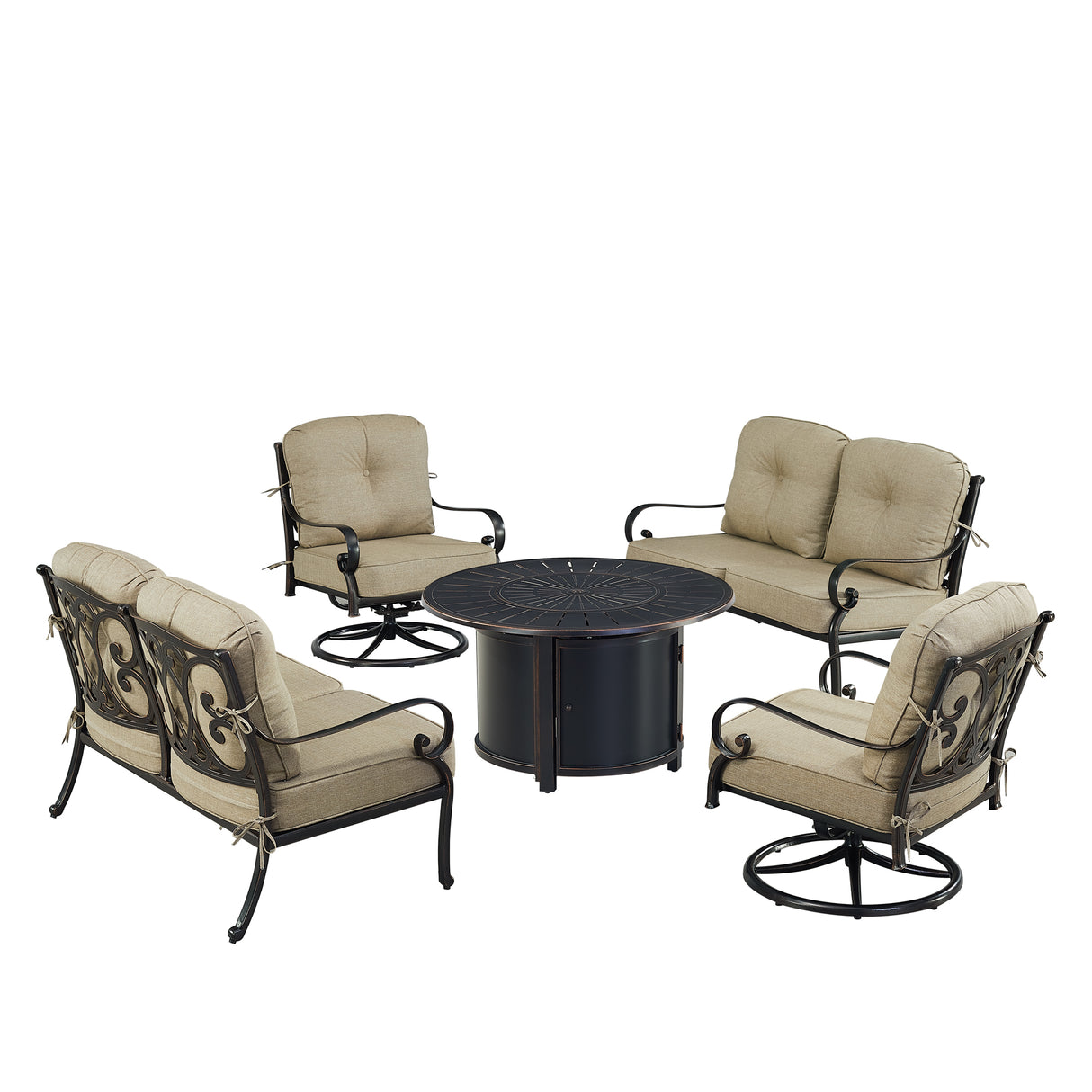 Black Aluminum Fire Table Set with Two Deep Seating Loveseat with Cushions and Two Club Chairs - Sharicks