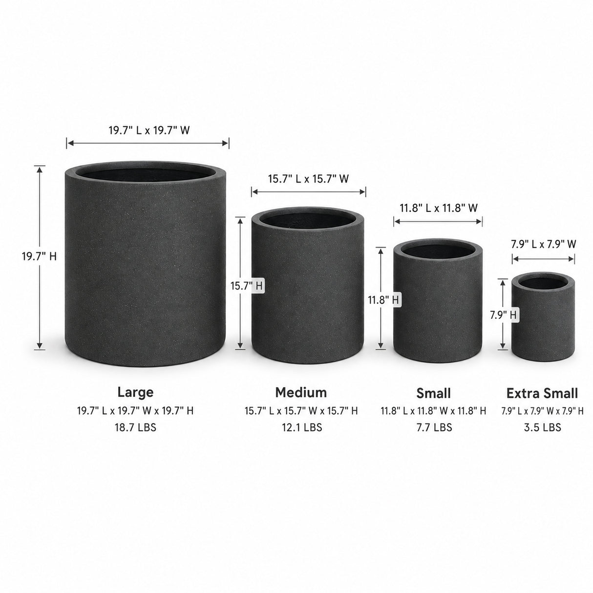 Set of 4 Round Cylinder Polystone Indoor/Outdoor Planters, Black