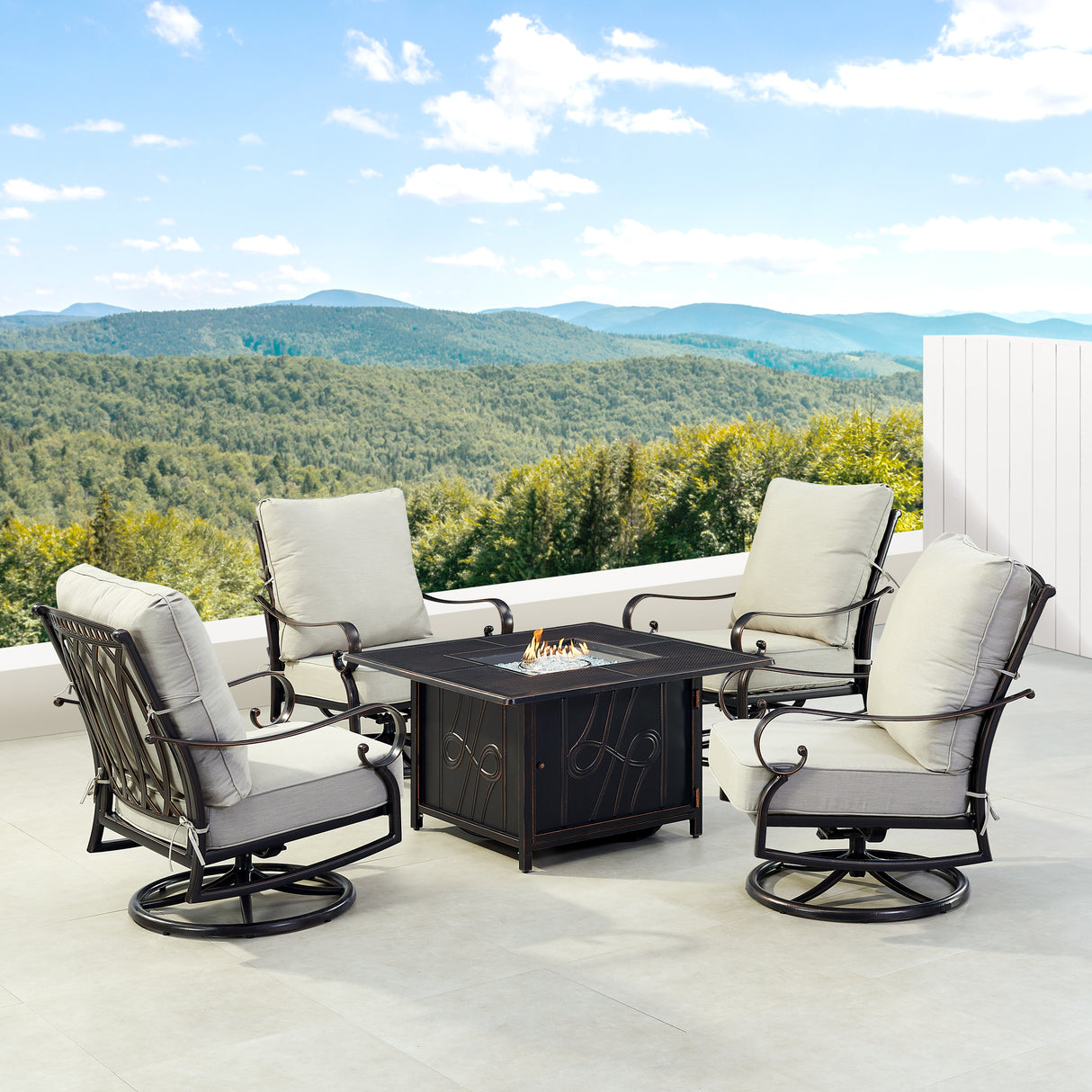 Black Aluminum Fire Table Set with Four Club Chairs - Sharicks