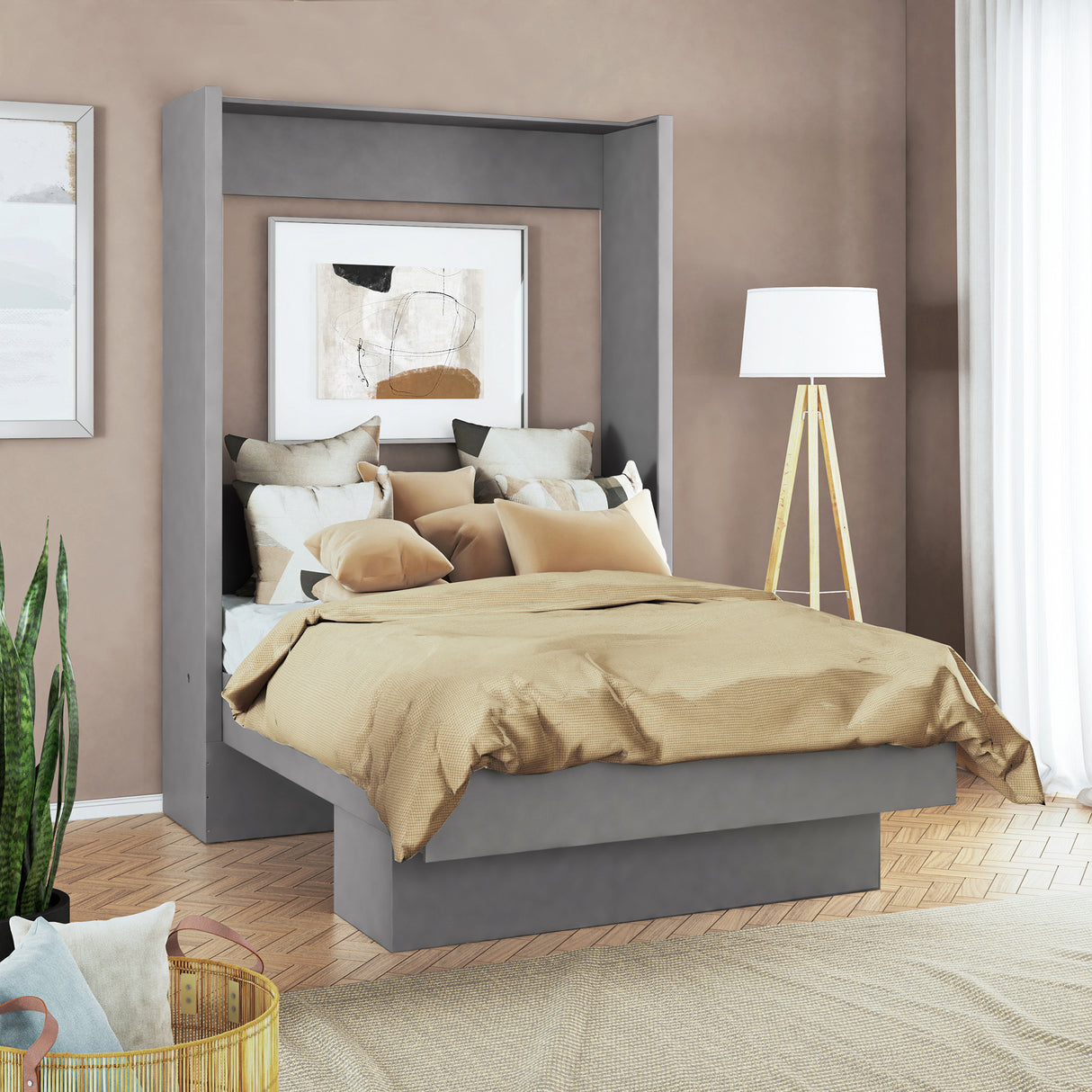 Easy-Lift Full Murphy Wall Bed in Grey with Shelf - Sharicks