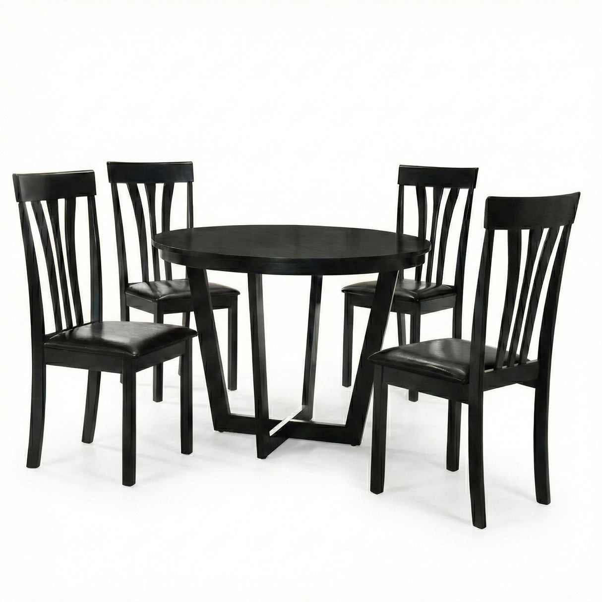 Modern 5-Piece 41.3 Inch Round Dining Set, Black Finish with Black PU Leather Upholstered Chairs, Solid Rubberwood