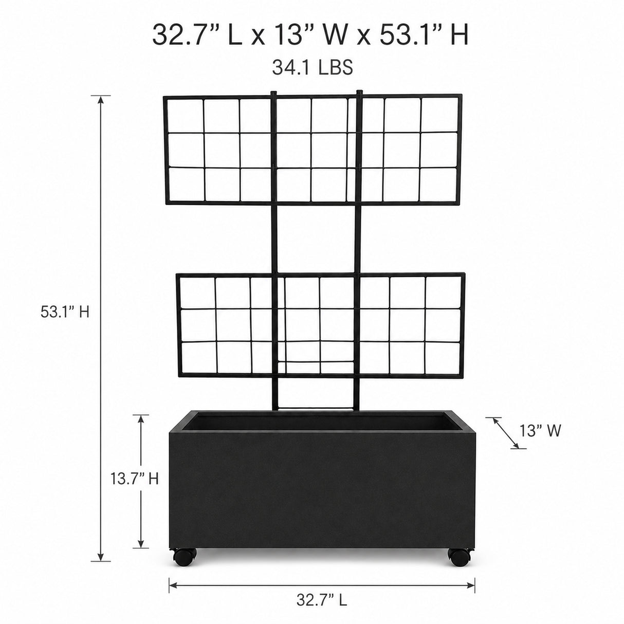 Smooth Rectangular Polystone Planter with Steel Trellis and Wheels, Black