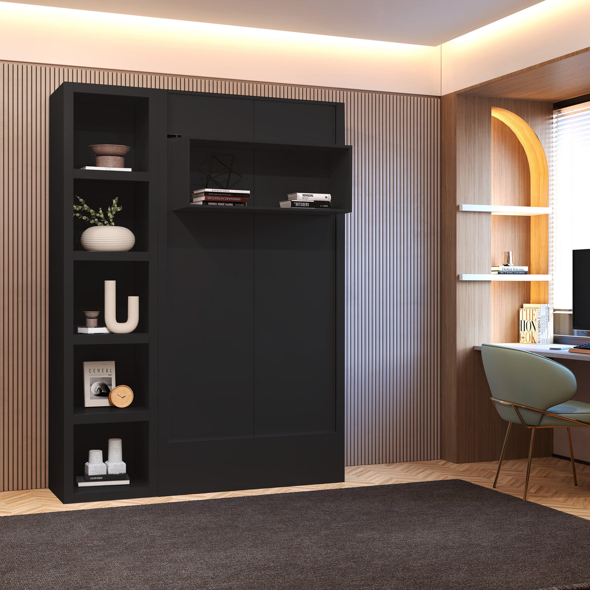 Easy-Lift Twin Murphy Wall Bed in Black with Bookshelf - Sharicks