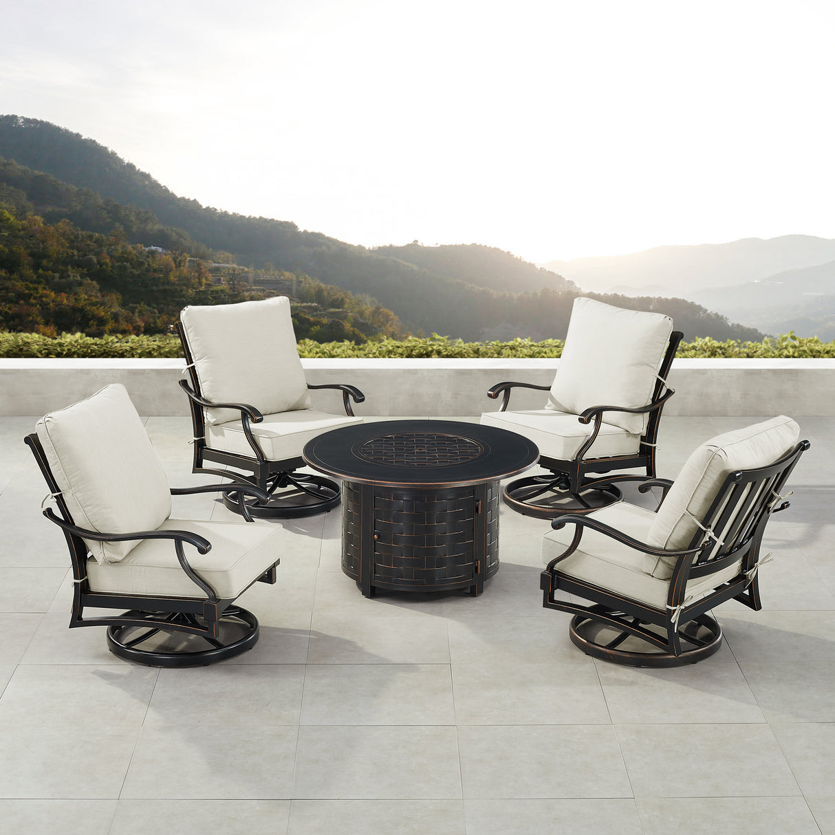 Black Aluminum Fire Table Set with Four Club Chairs - Sharicks