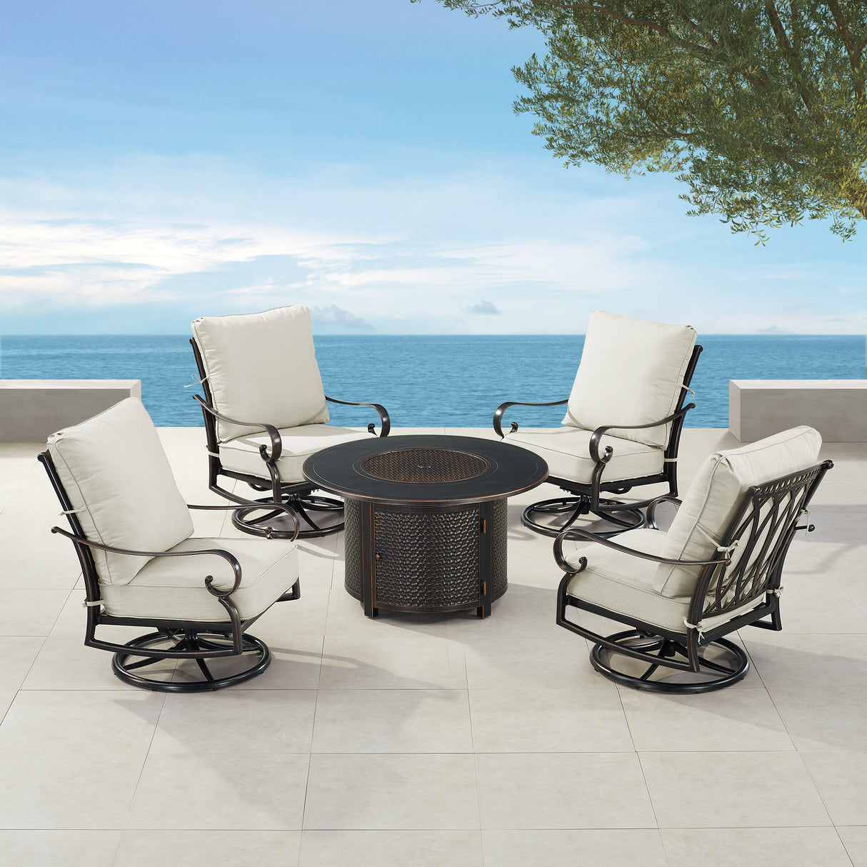 Black Aluminum Fire Table Set with Four Club Chairs - Sharicks