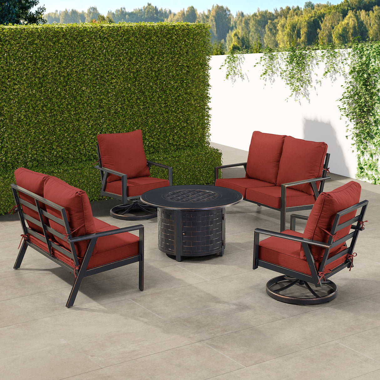 Black Aluminum Fire Table Set with Two Deep Seating Loveseat with Cushions and Two Club Chairs - Sharicks