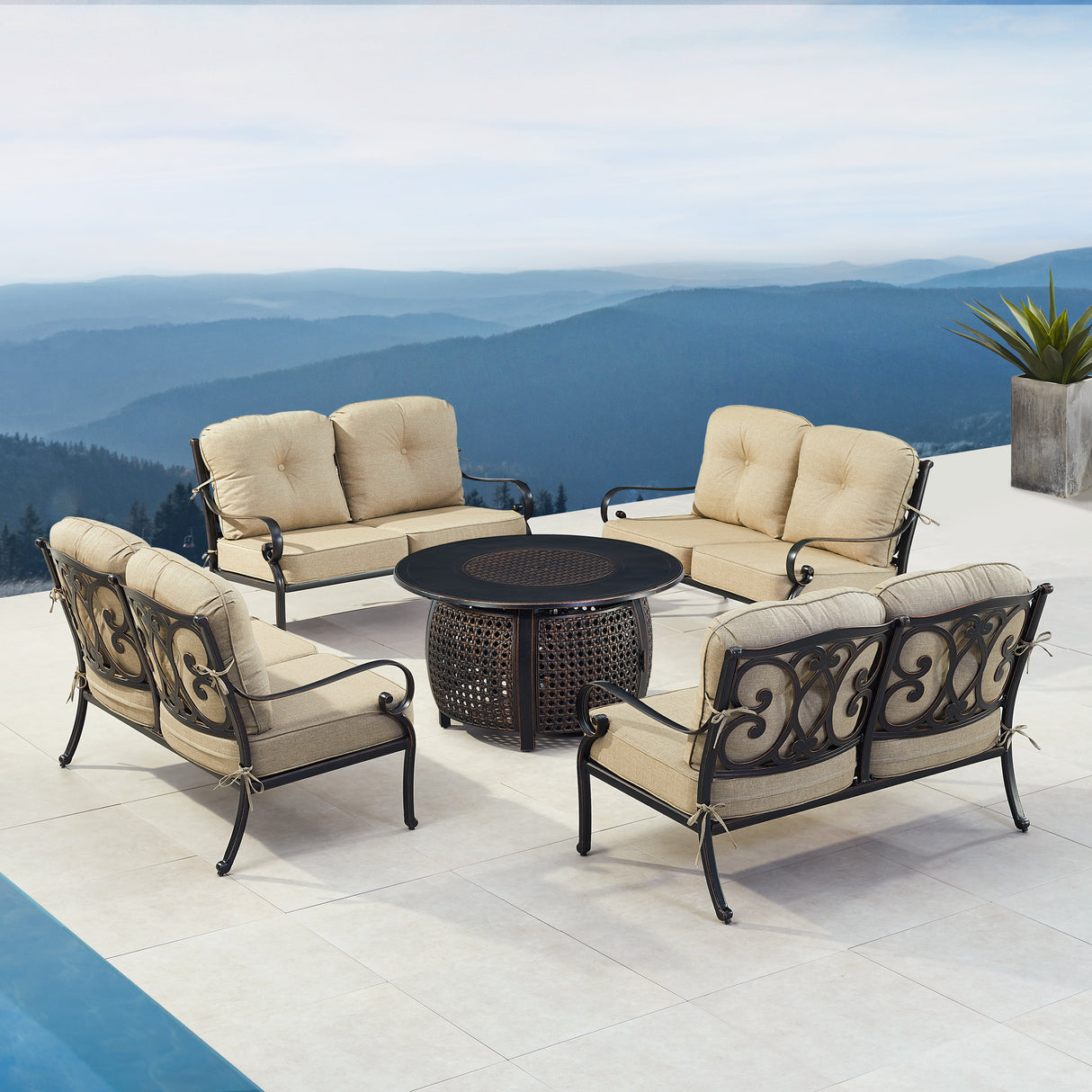 Black Aluminum Fire Table Set with Four Deep Seating Deep Seating Loveseat with Cushions - Sharicks