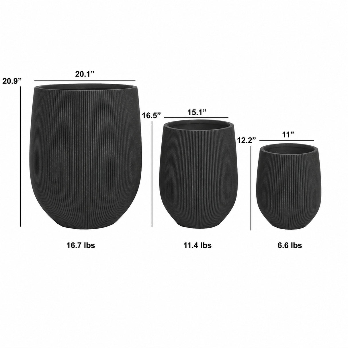 Set of 3 Fluted Round Polystone Indoor/Outdoor Planters, Black