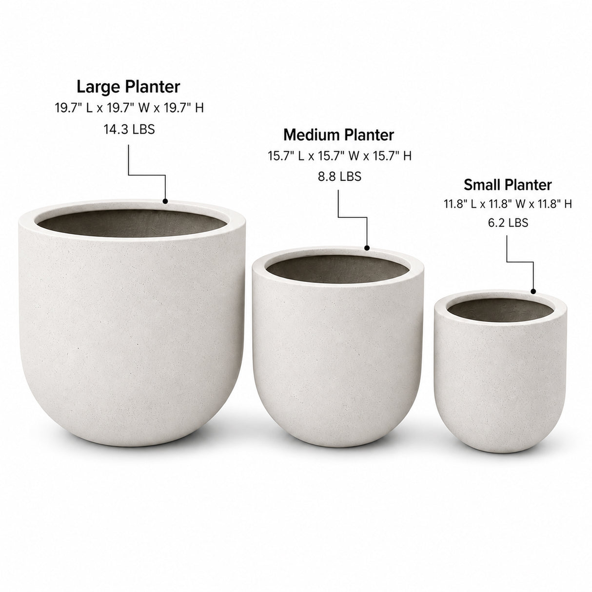 Set of 3 Round Cylinder Polystone Indoor/Outdoor Planters, White