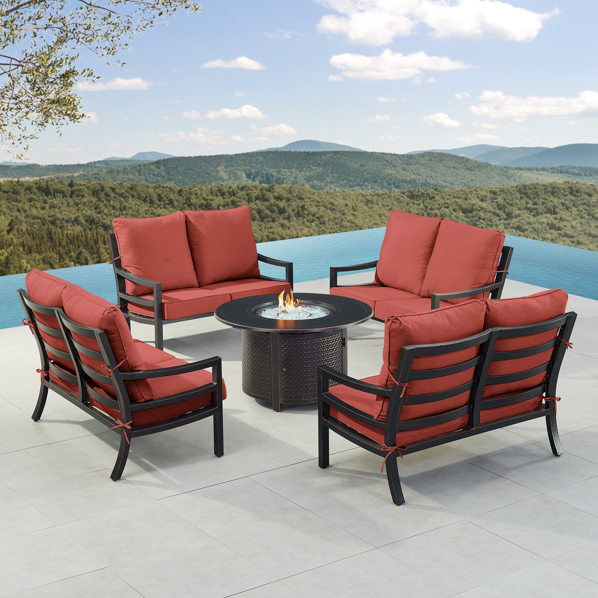 Black Aluminum Fire Table Set with Four Deep Seating Loveseats - Sharicks