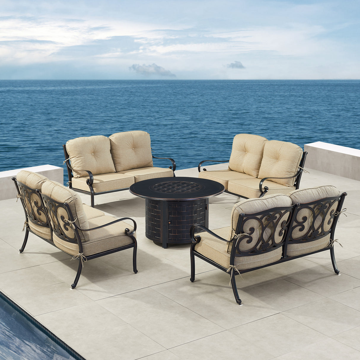 Black Aluminum Fire Table Set with Four Deep Seating Loveseat with Cushions - Sharicks