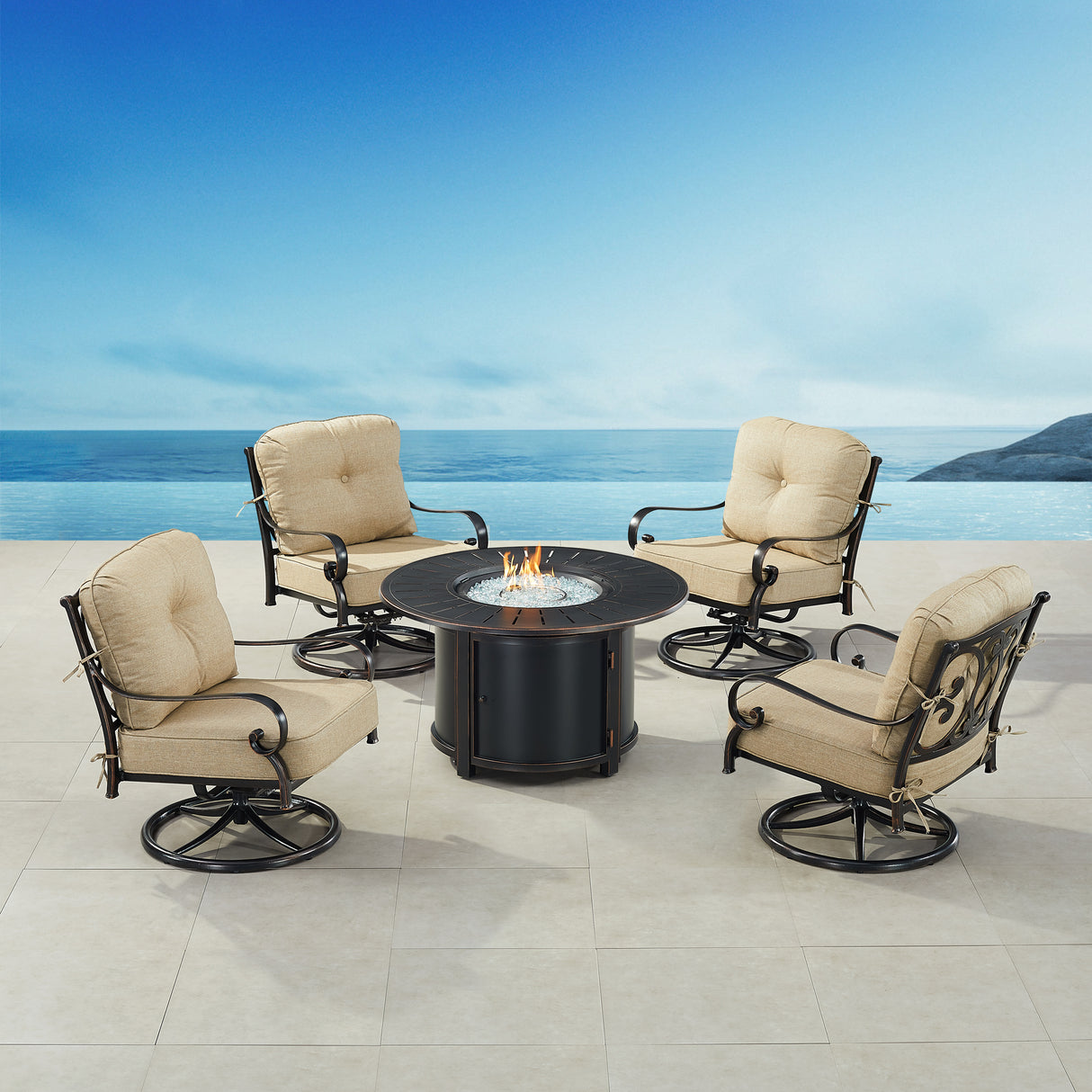 Black Aluminum Fire Table Set with Four Club Chairs - Sharicks