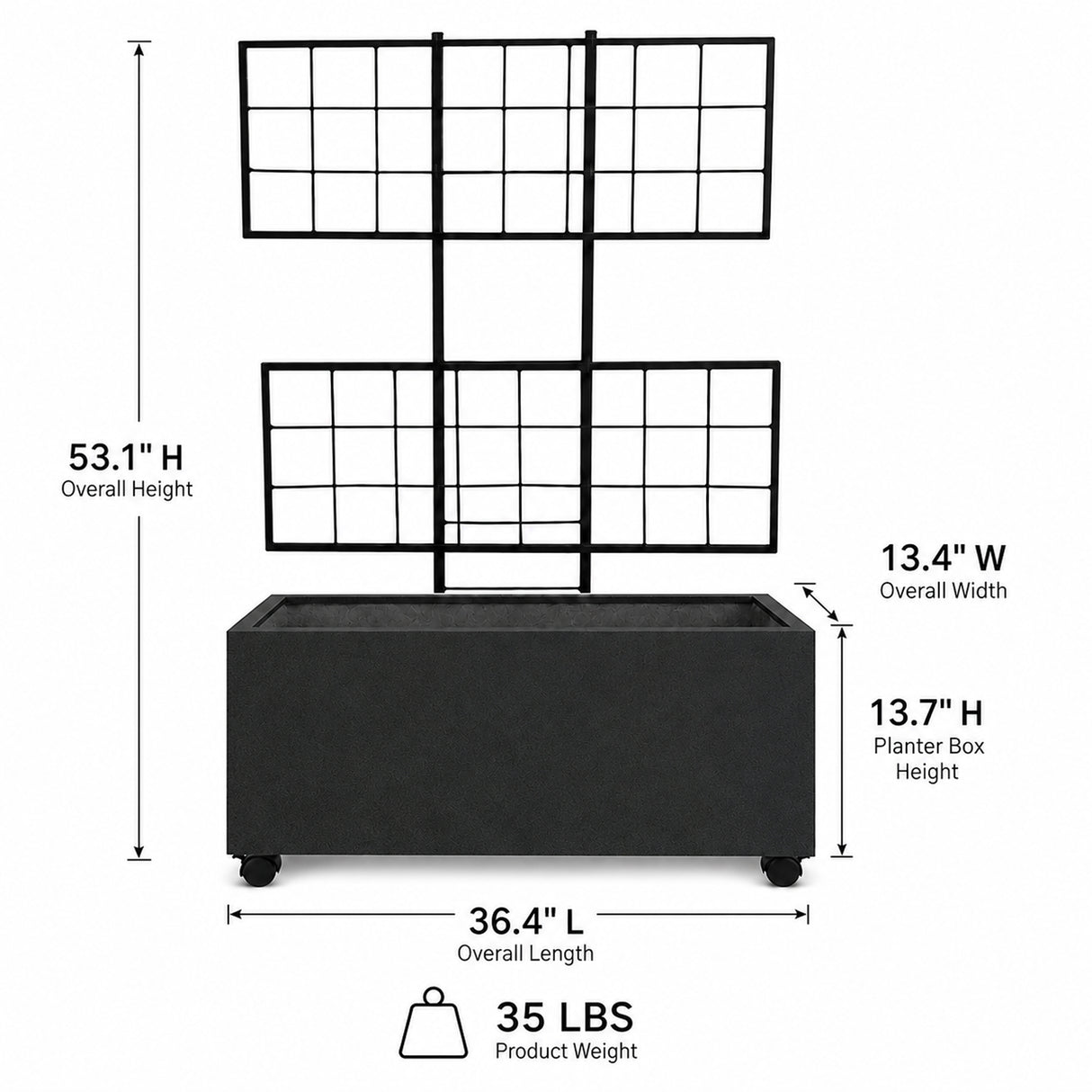 Wide Smooth Polystone Rectangular Planter with Steel Trellis and Wheels, Black