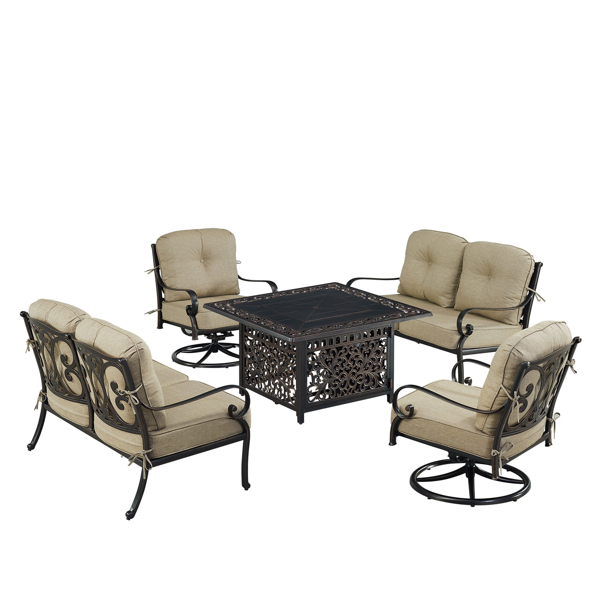 Black Aluminum Fire Table Set with Two Deep Seating Loveseat with Cushions and Two Club Chairs - Sharicks