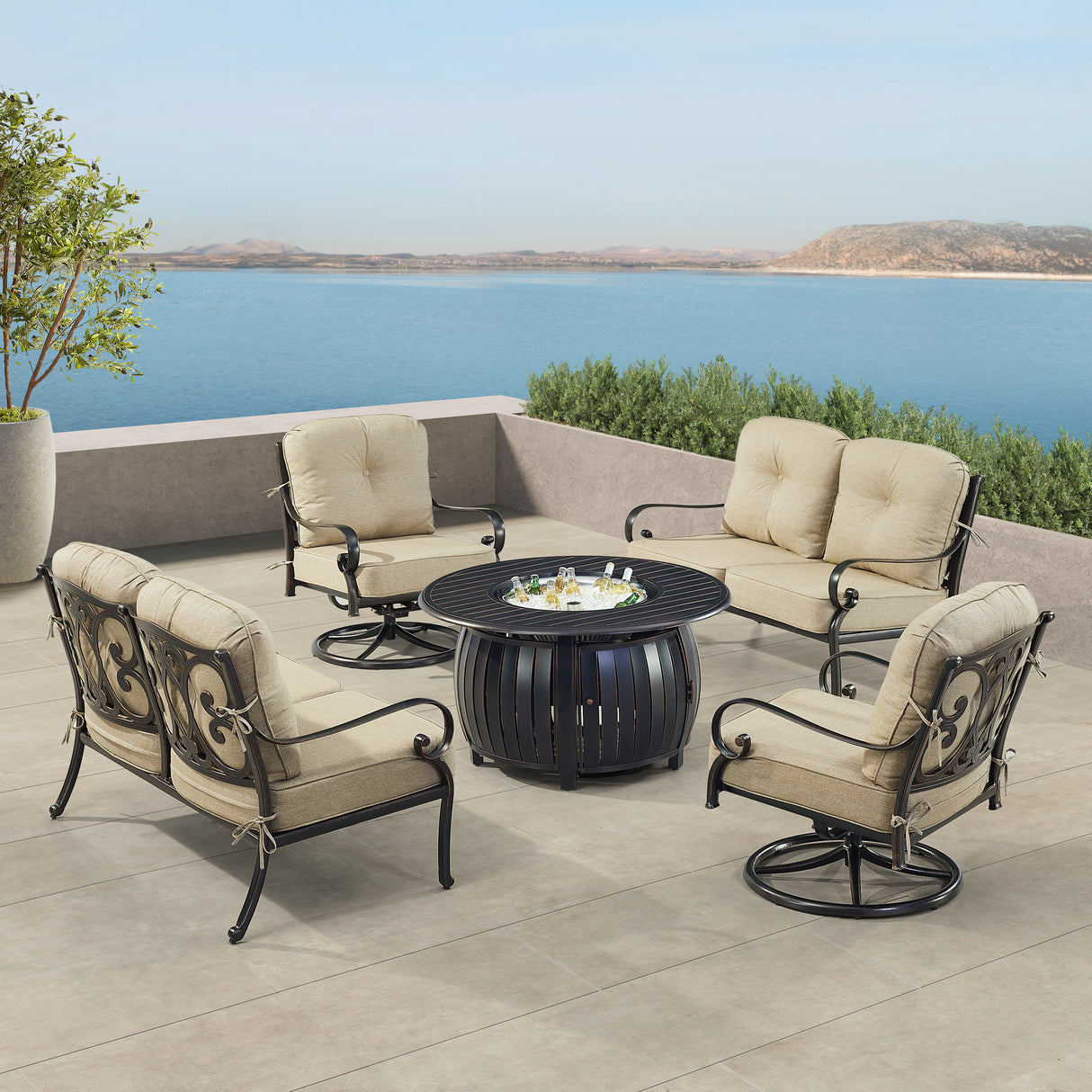 Black Aluminum Fire Table Set with Two Deep Seating Loveseat with Cushions and Two Club Chairs - Sharicks
