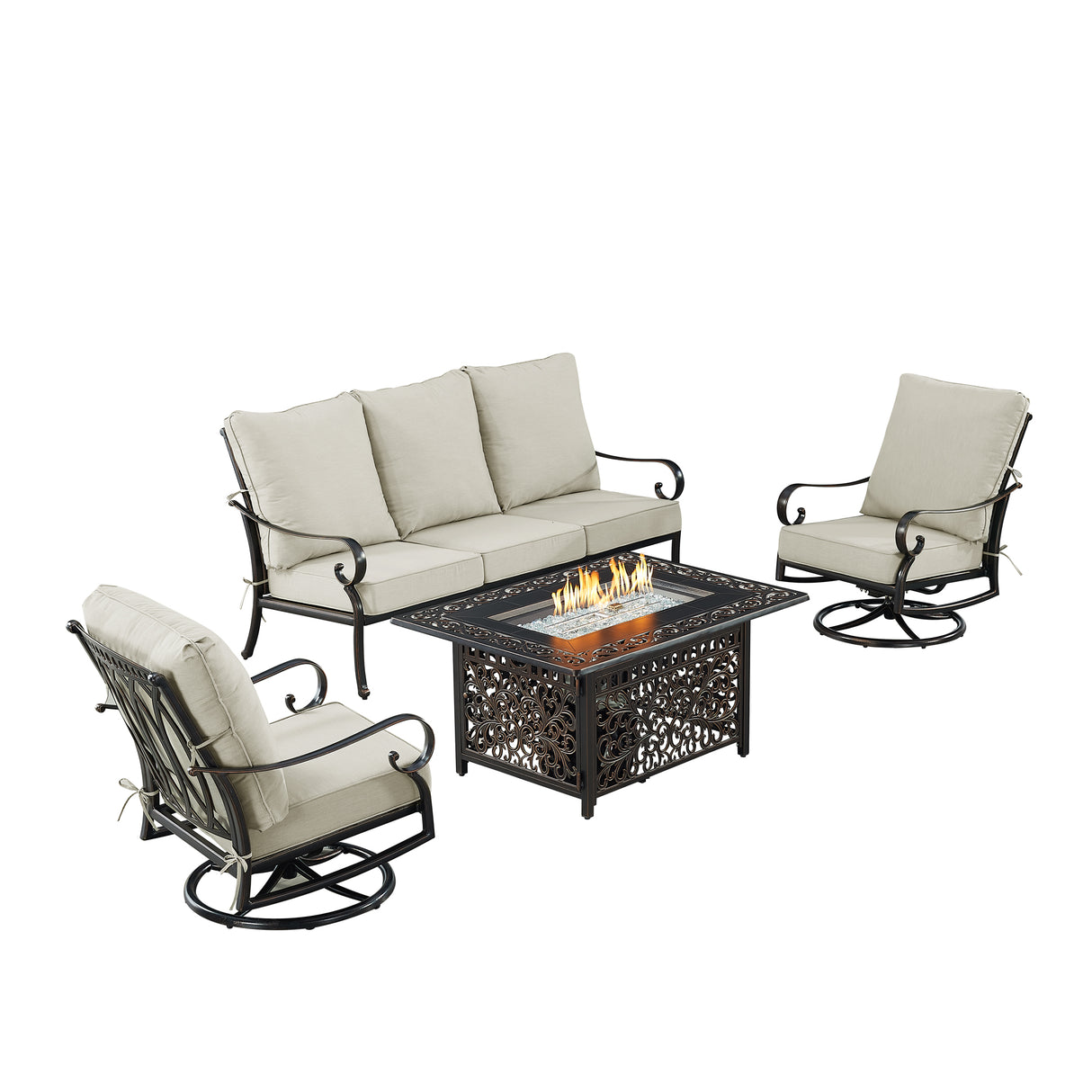 Black Aluminum Fire Table Set with Sofa and Two Club Chairs - Sharicks