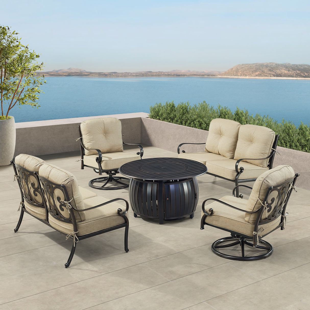 Black Aluminum Fire Table Set with Two Deep Seating Loveseat with Cushions and Two Club Chairs - Sharicks