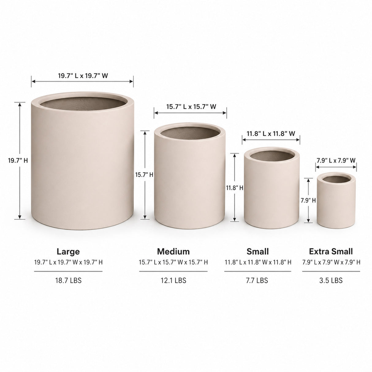Set of 4 Round Cylinder Polystone Indoor/Outdoor Planters, Sand