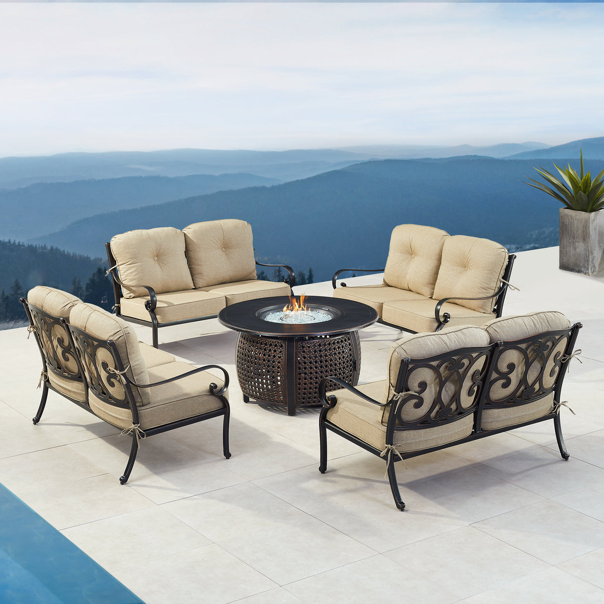 Black Aluminum Fire Table Set with Four Deep Seating Deep Seating Loveseat with Cushions - Sharicks