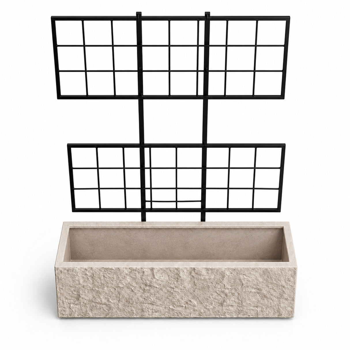 Rock Texture Rectangular Polystone Planter with Steel Trellis, Sand
