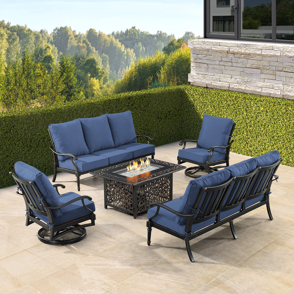 Black Aluminum Fire Table Set with Two Sofas and Two Club Chairs - Sharicks