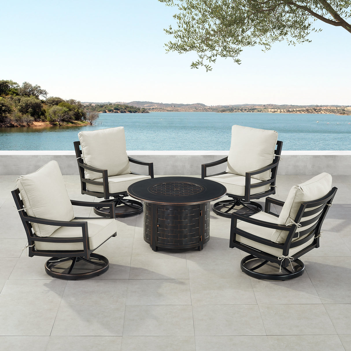 Black Aluminum Fire Table Set with Four Club Chairs - Sharicks