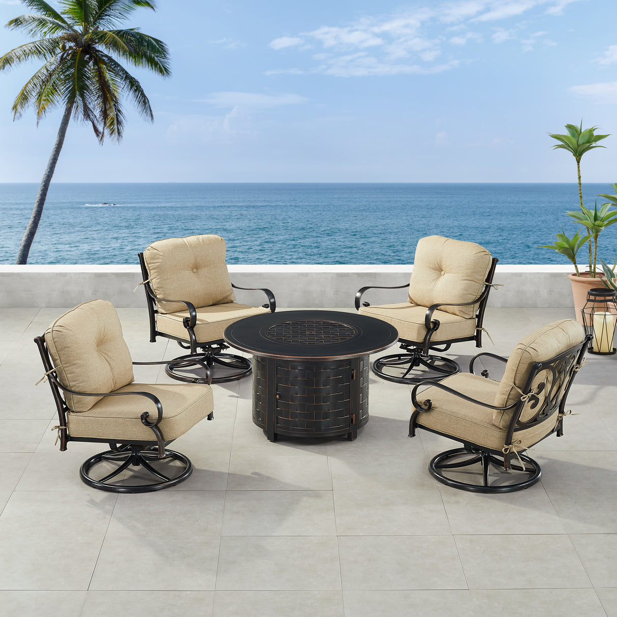 Black Aluminum Fire Table Set with Four Club Chairs - Sharicks