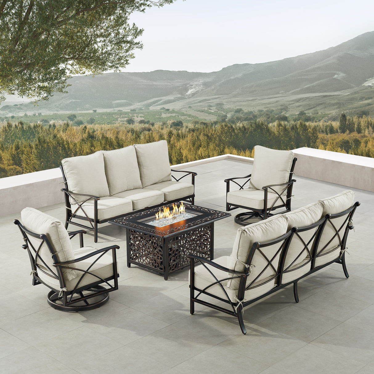 Black Aluminum Fire Table Set with Two Deep Seating Sofa with Cushions and Two Club Chairs - Sharicks