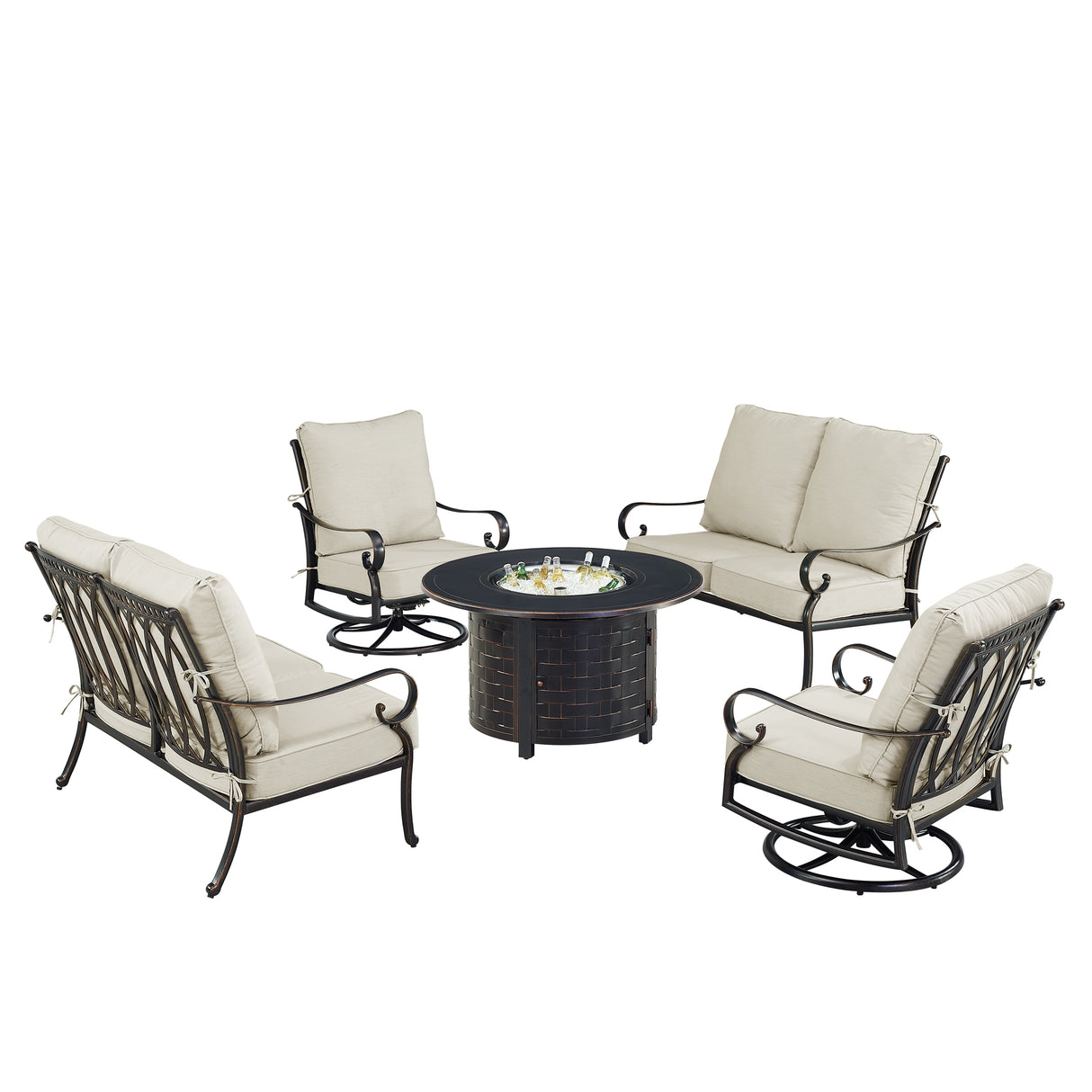 Black Aluminum Fire Table Set with Two Loveseats and Two Club Chairs - Sharicks