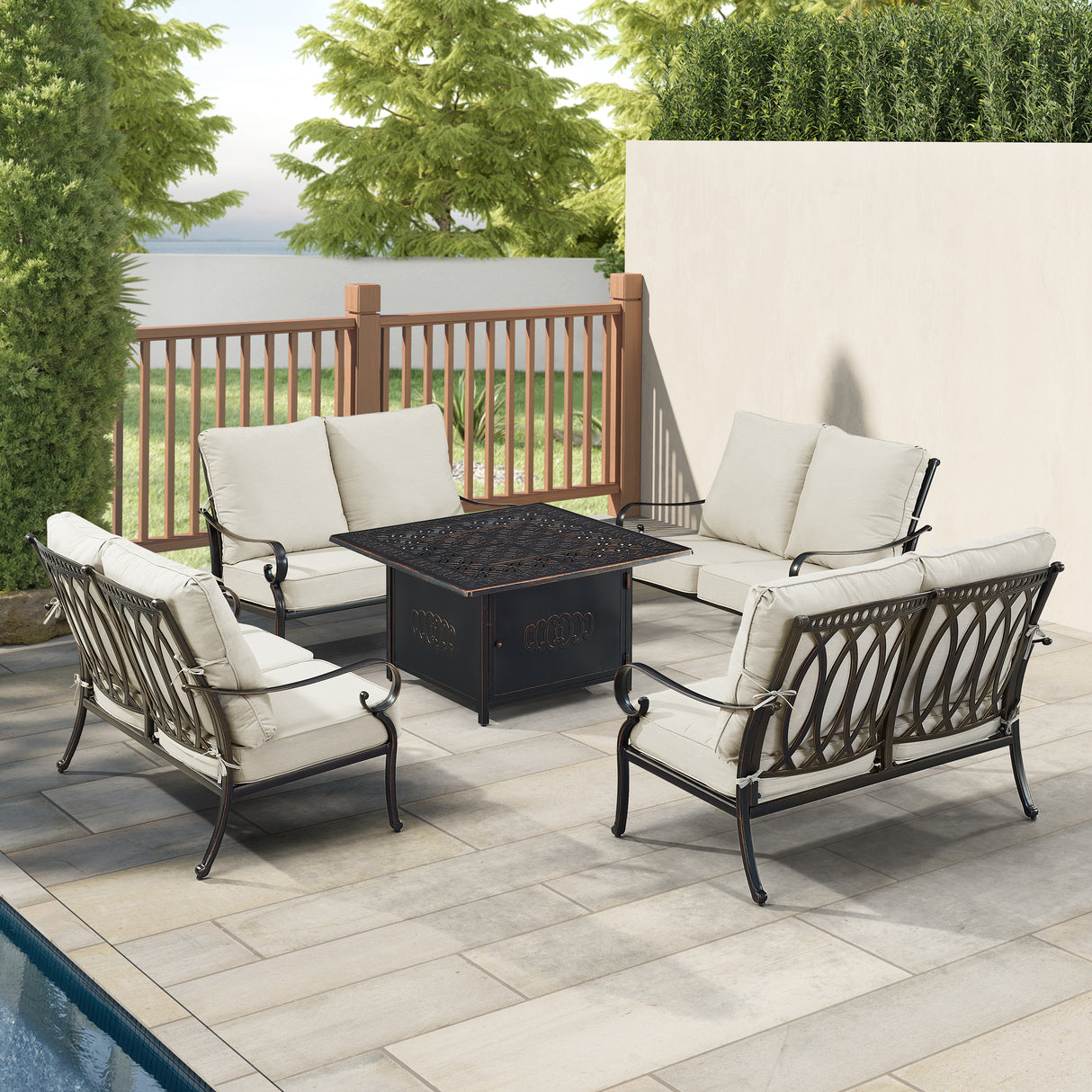 Black Aluminum Fire Table Set with Four Deep Seating Loveseats - Sharicks