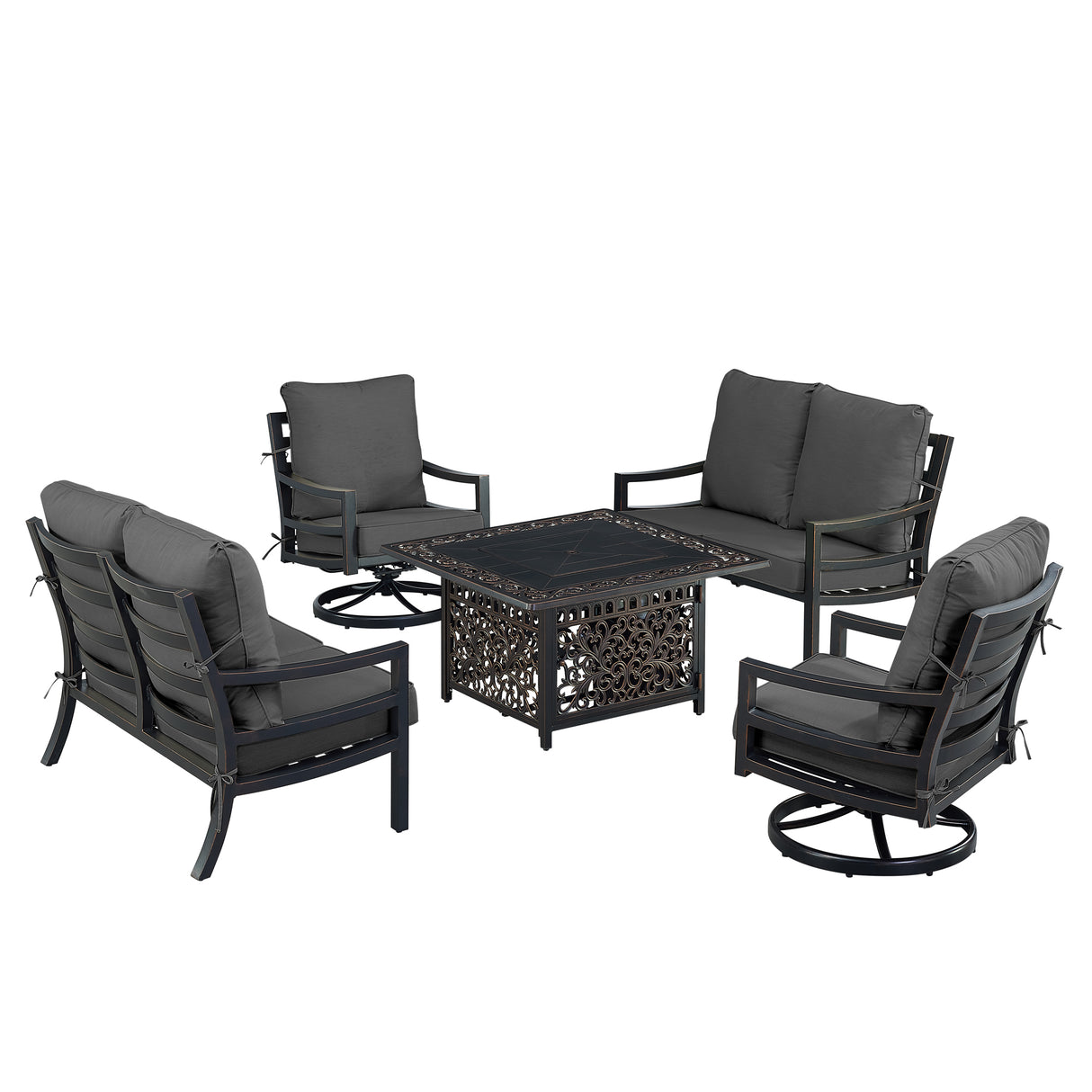 Black Aluminum Fire Table Set with Two Loveseats and Two Club Chairs - Sharicks
