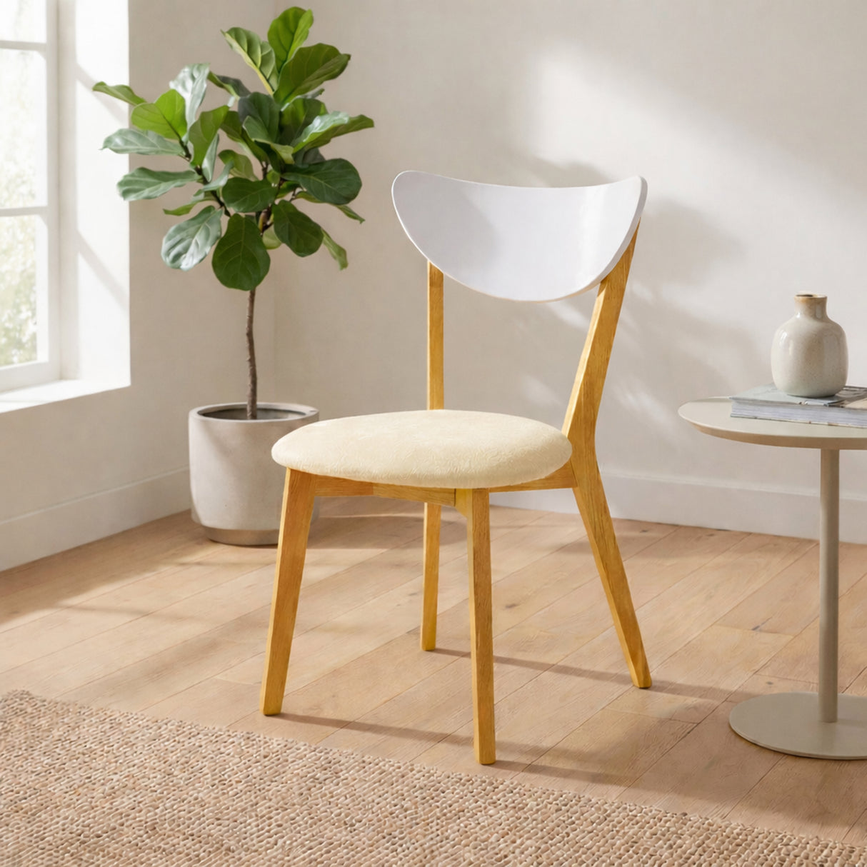 Modern 5-Piece 40.5 Inch Round Dining Set, White/Natural Finish with Beige Polyester Upholstered Chairs, Solid Rubberwood