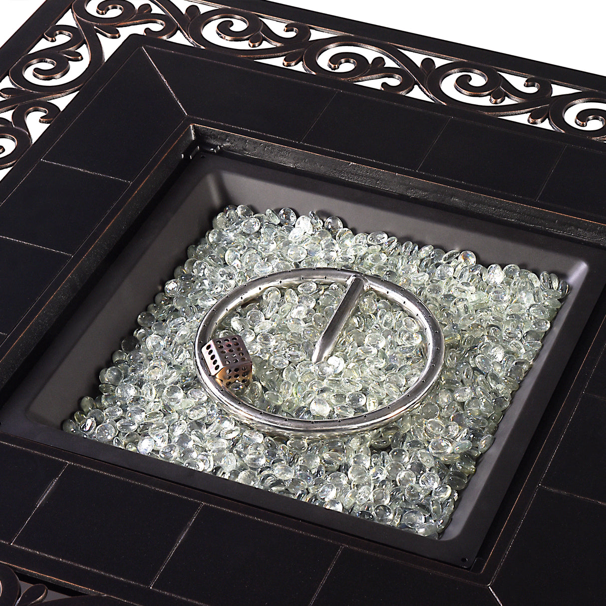 Black Aluminum Fire Table Set with Four Deep Seating Loveseat with Cushions - Sharicks