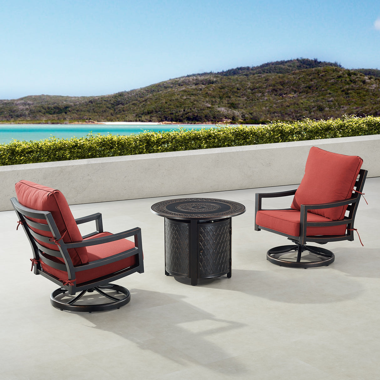 Black Aluminum Fire Table Bistro Set with Two Club Chairs - Sharicks