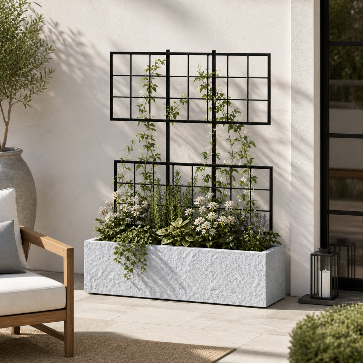 Rock Texture Rectangular Polystone Planter with Steel Trellis, Gray