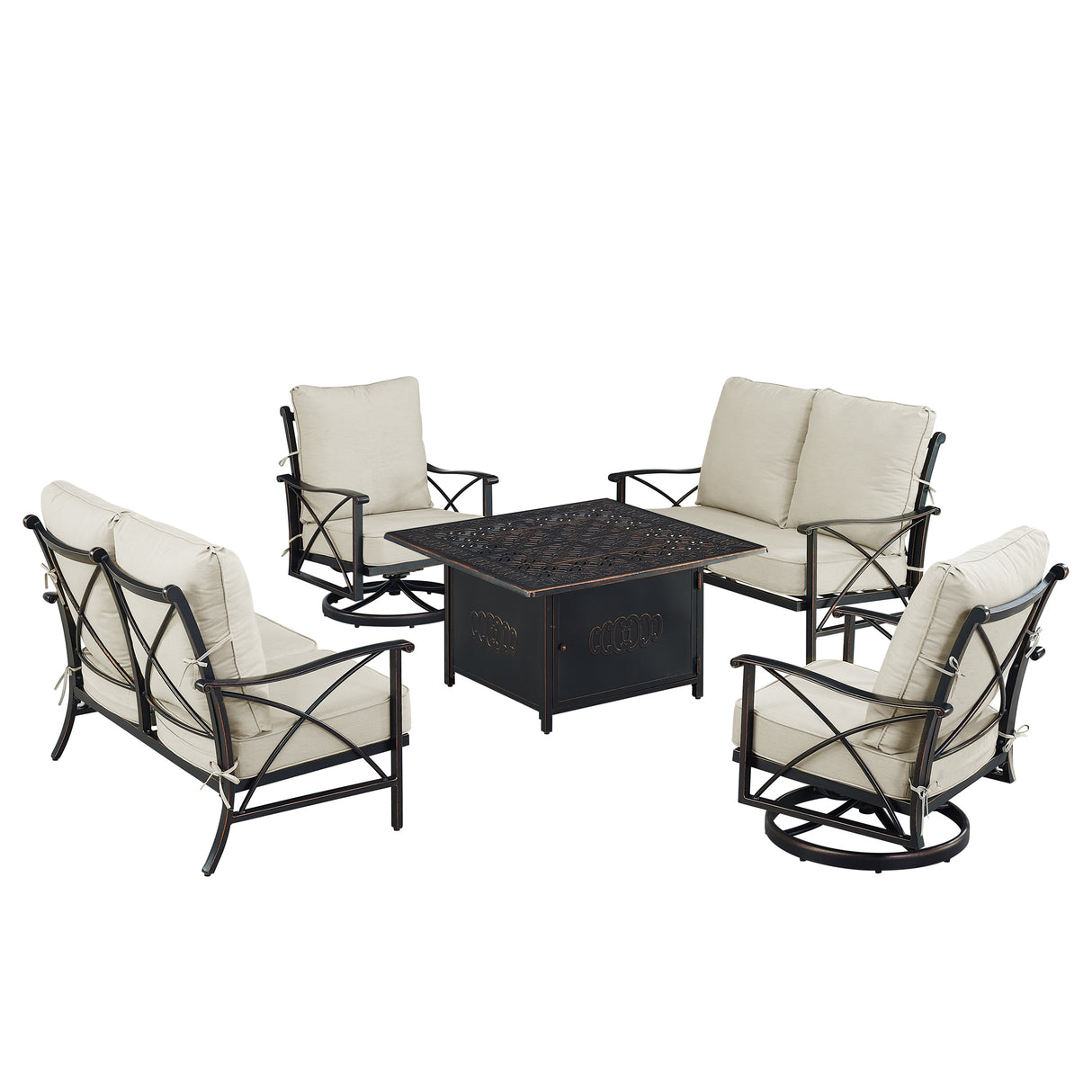 Black Aluminum Fire Table Set with Two Deep Seating Loveseat with Cushions and Two Club Chairs - Sharicks