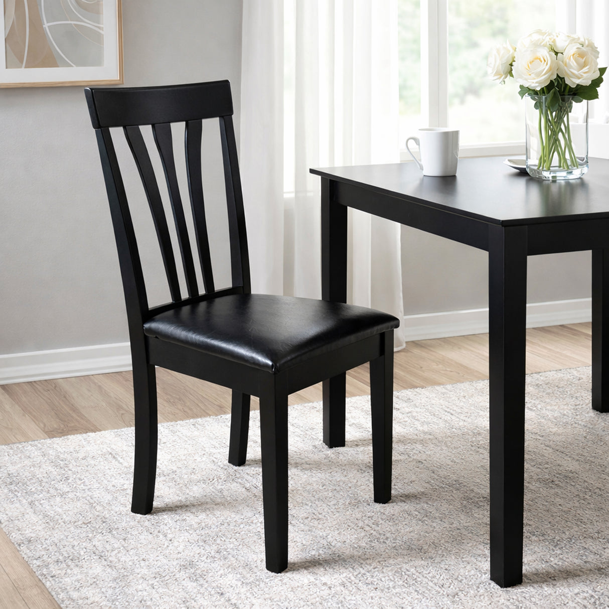 Modern Dining Chairs, Set of 2, Black Finish with Black PU Leather Upholstered Seats Solid Rubberwood