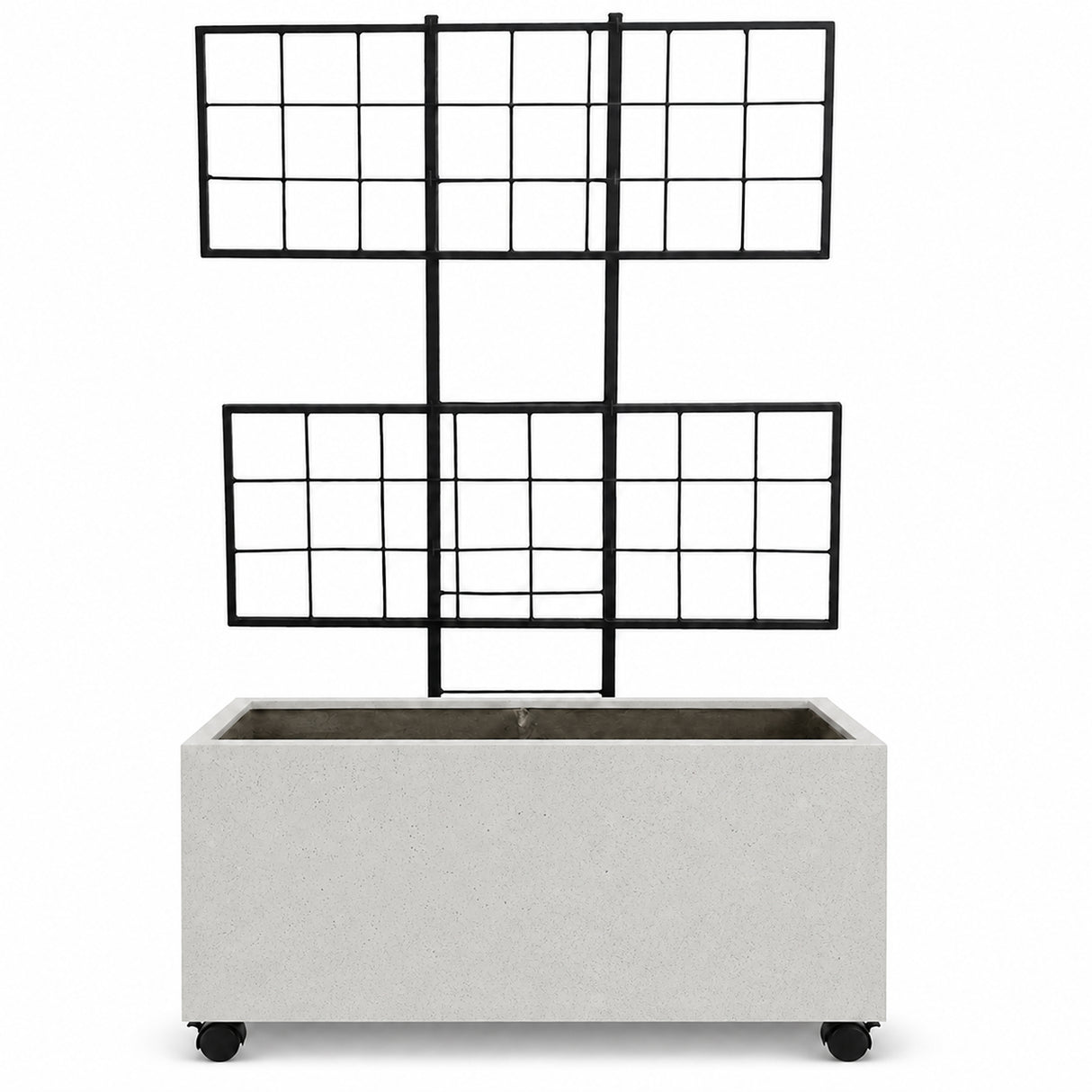 Smooth Rectangular Polystone Planter with Steel Trellis and Wheels, White