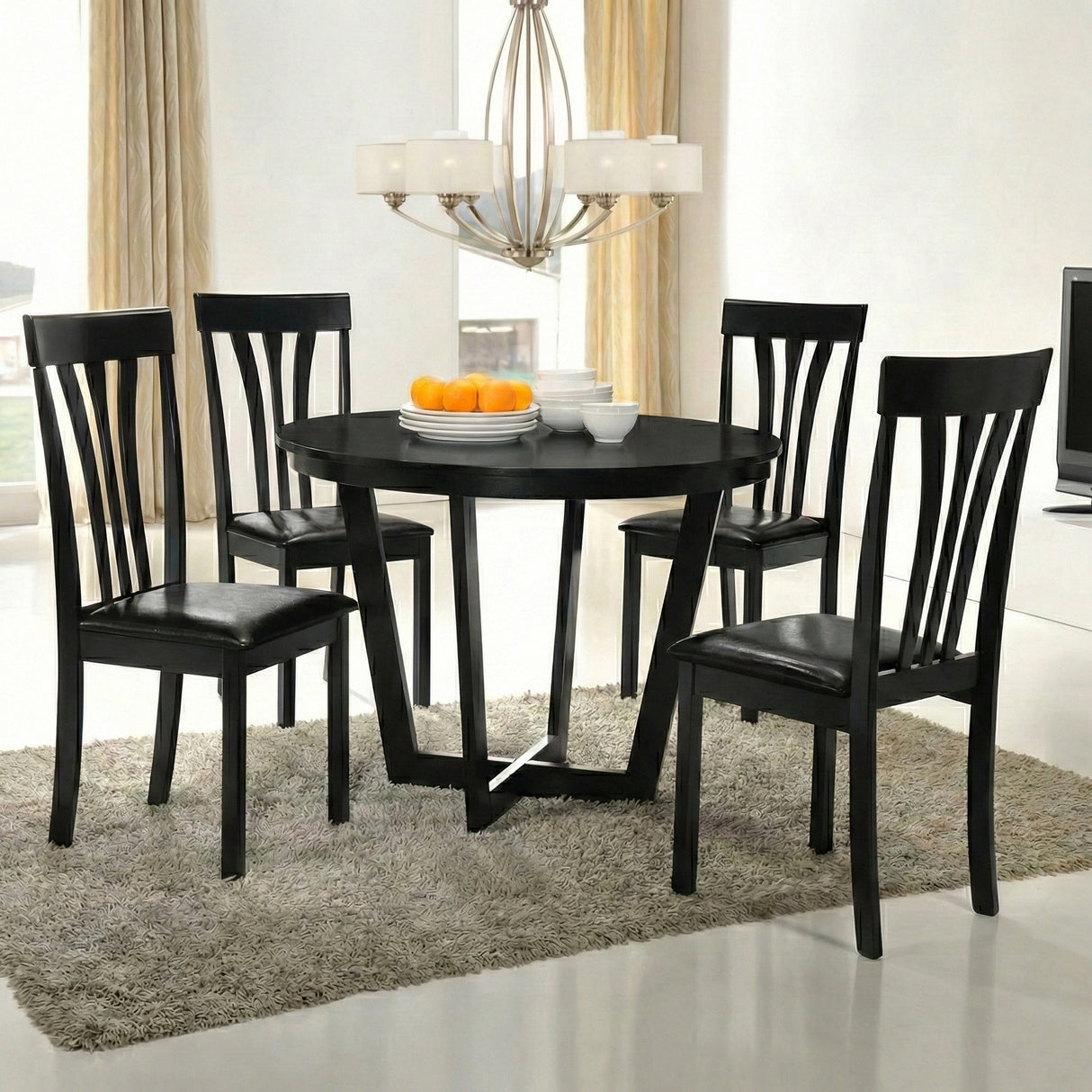Modern 5-Piece 41.3 Inch Round Dining Set, Black Finish with Black PU Leather Upholstered Chairs, Solid Rubberwood