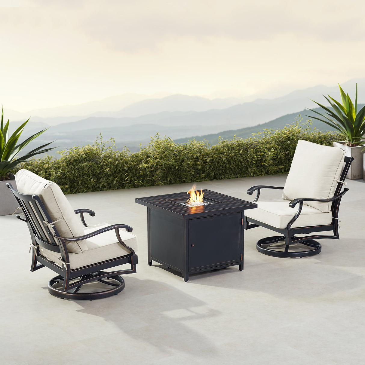 Black Aluminum Fire Table Bistro Set with Two Club Chairs - Sharicks