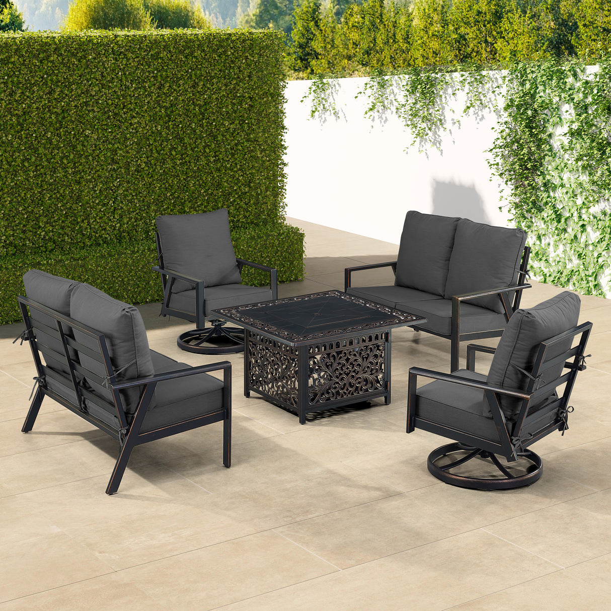 Black Aluminum Fire Table Set with Two Deep Seating Loveseat with Cushions and Two Club Chairs - Sharicks