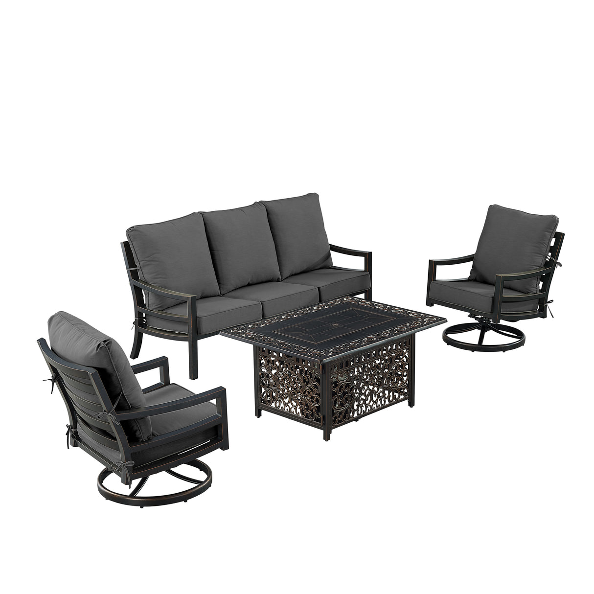 Black Aluminum Fire Table Set with Sofa and Two Club Chairs - Sharicks