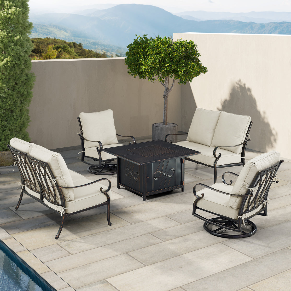 Black Aluminum Fire Table Set with Two Loveseats and Two Club Chairs - Sharicks