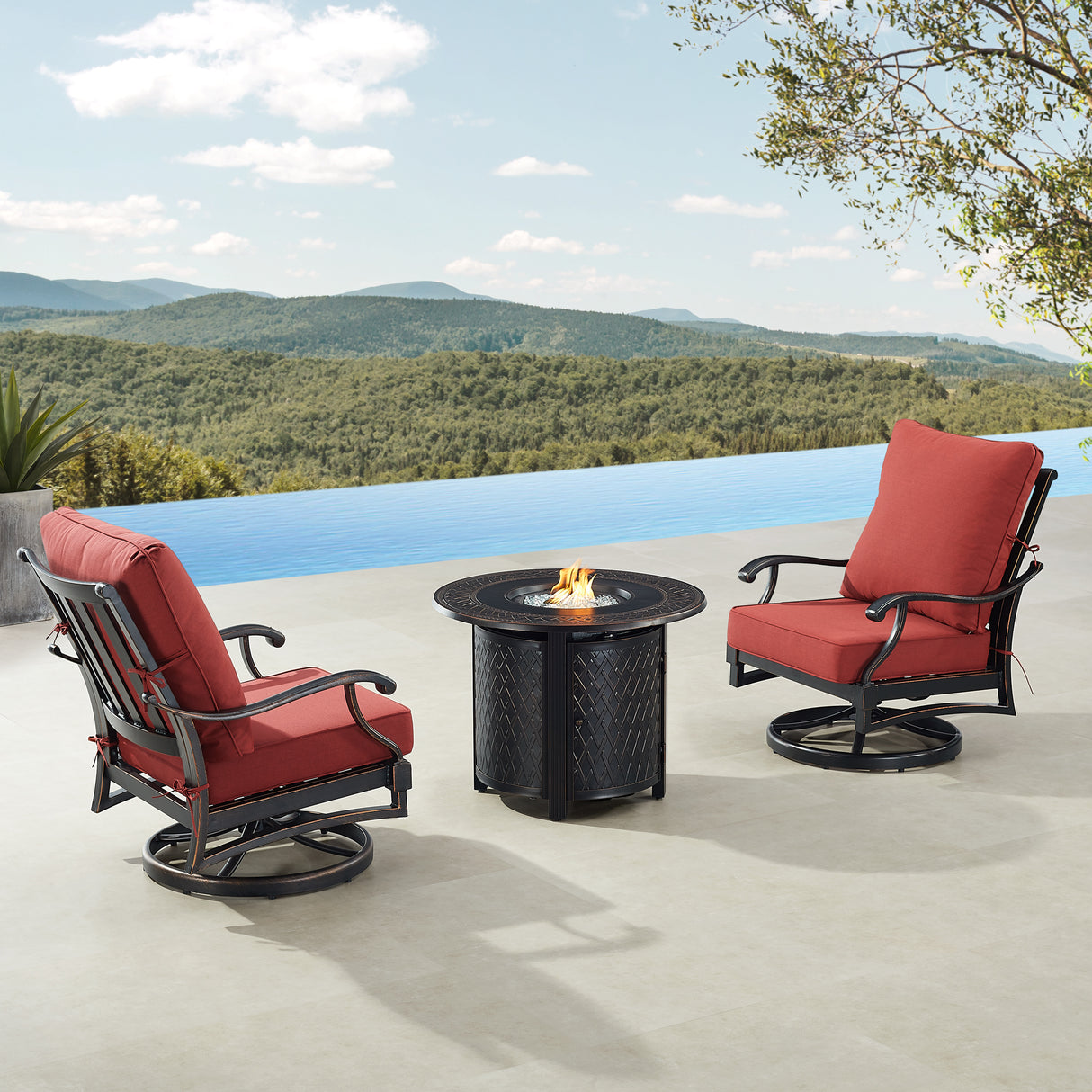 Black Aluminum Fire Table Bistro Set with Two Club Chairs - Sharicks
