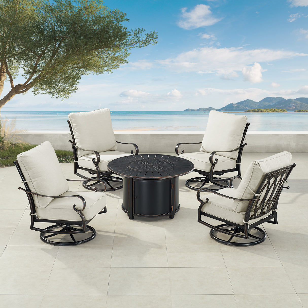 Black Aluminum Fire Table Set with Four Club Chairs - Sharicks