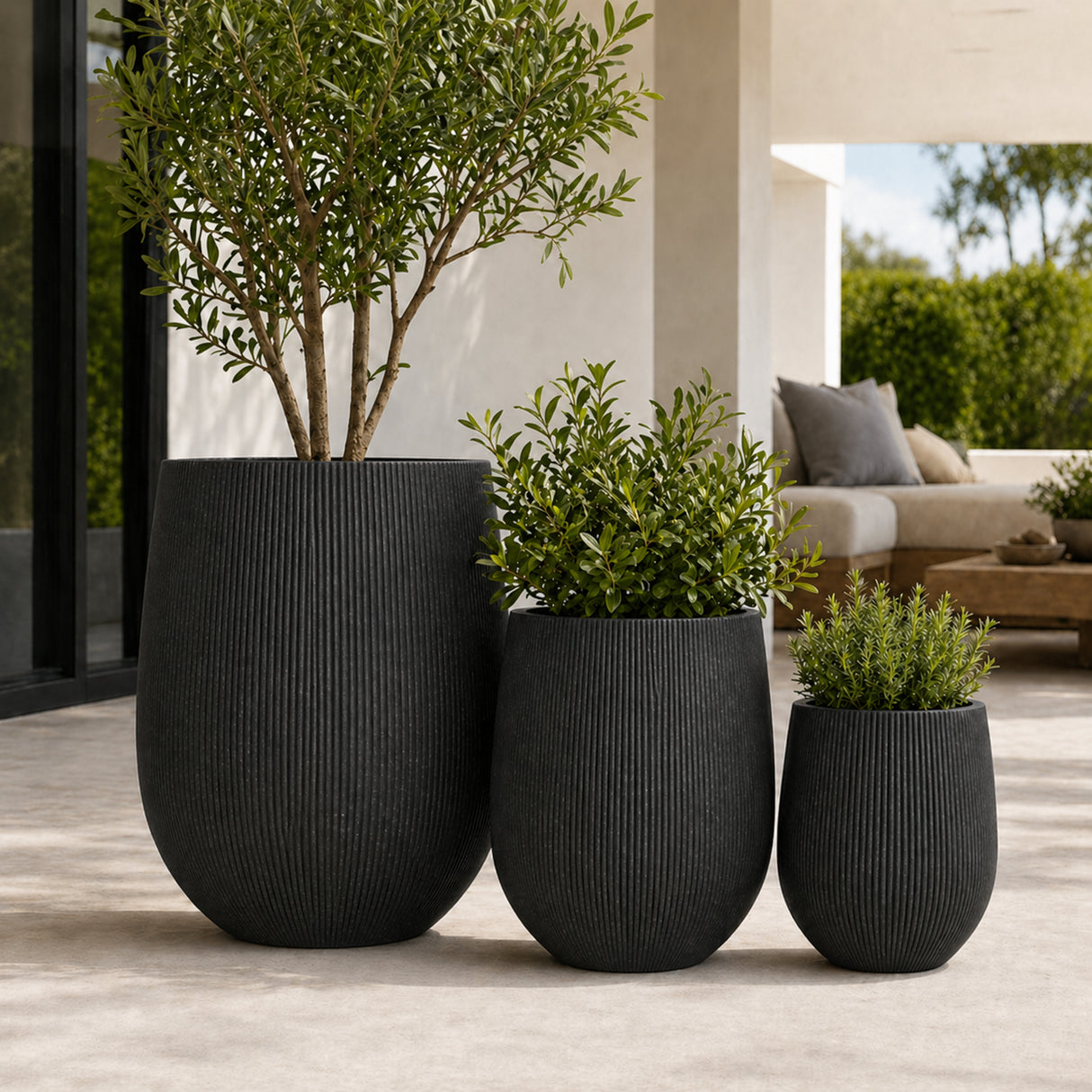 Set of 3 Fluted Round Polystone Indoor/Outdoor Planters, Black