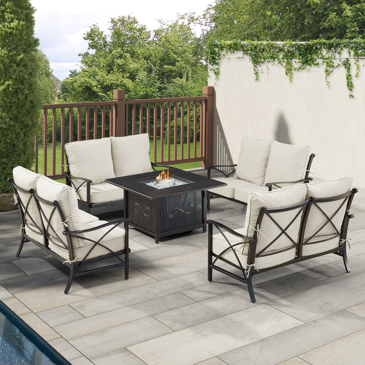 Black Aluminum Fire Table Set with Four Deep Seating Loveseat with Cushions - Sharicks